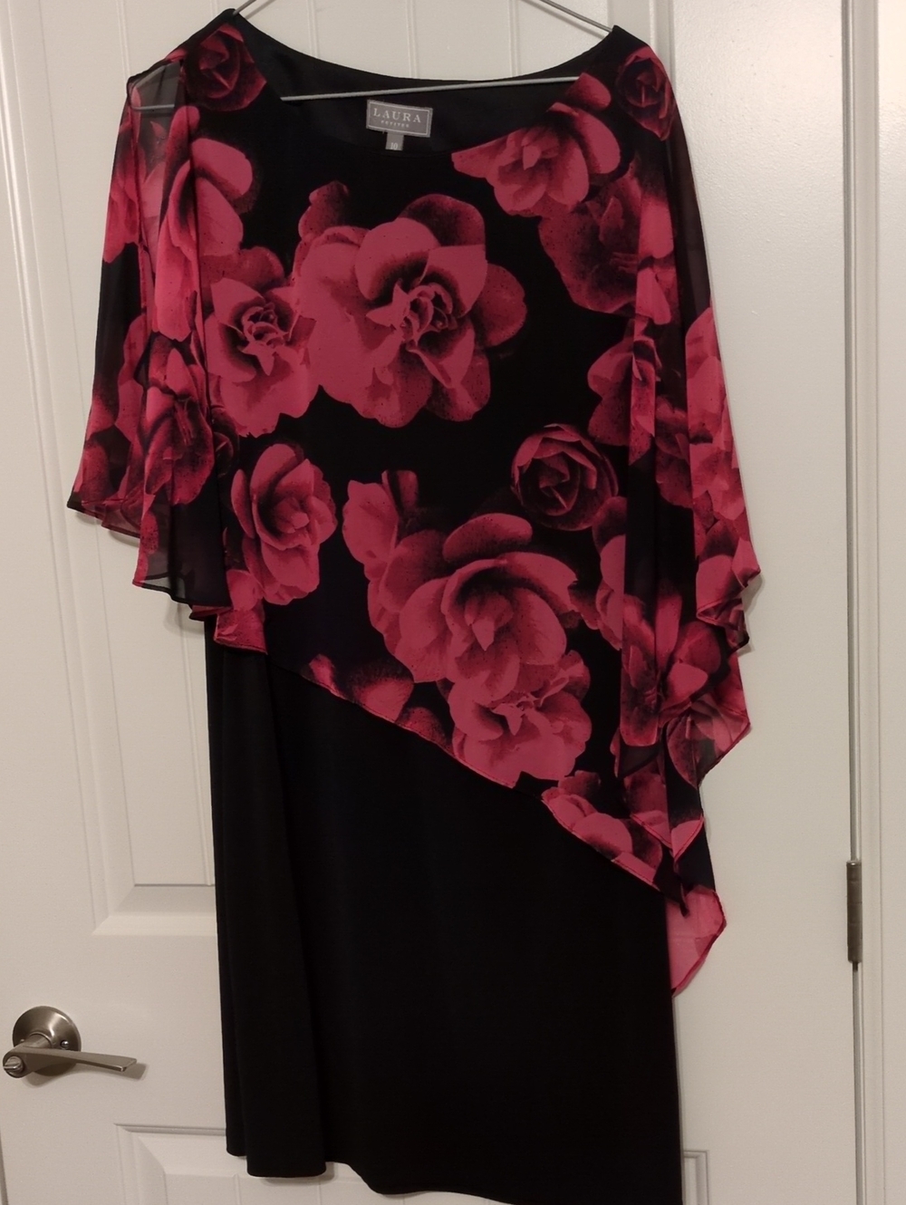 Laura Black Dress with Pink Rose Asymmetrical Chiffon Overlay